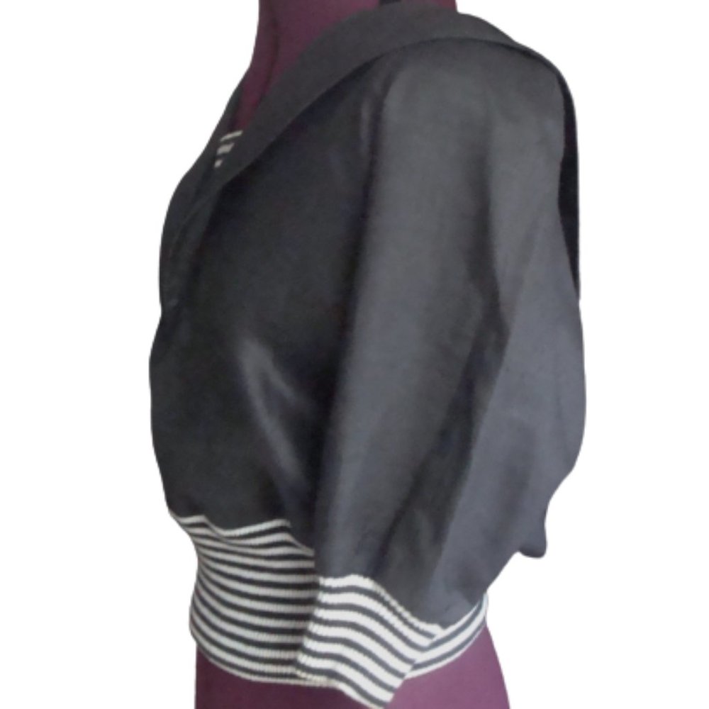 80s Structured Sailor Crisp Black Linen Balloon Sleeve Top - Picture 6 of 16